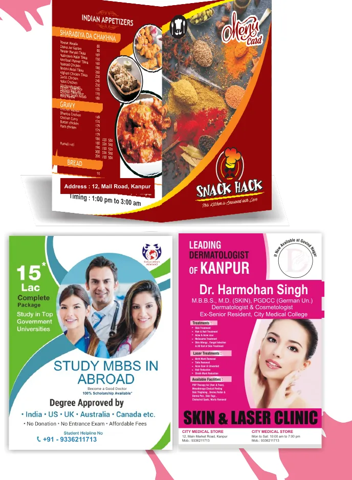 Printed menu card and brochures